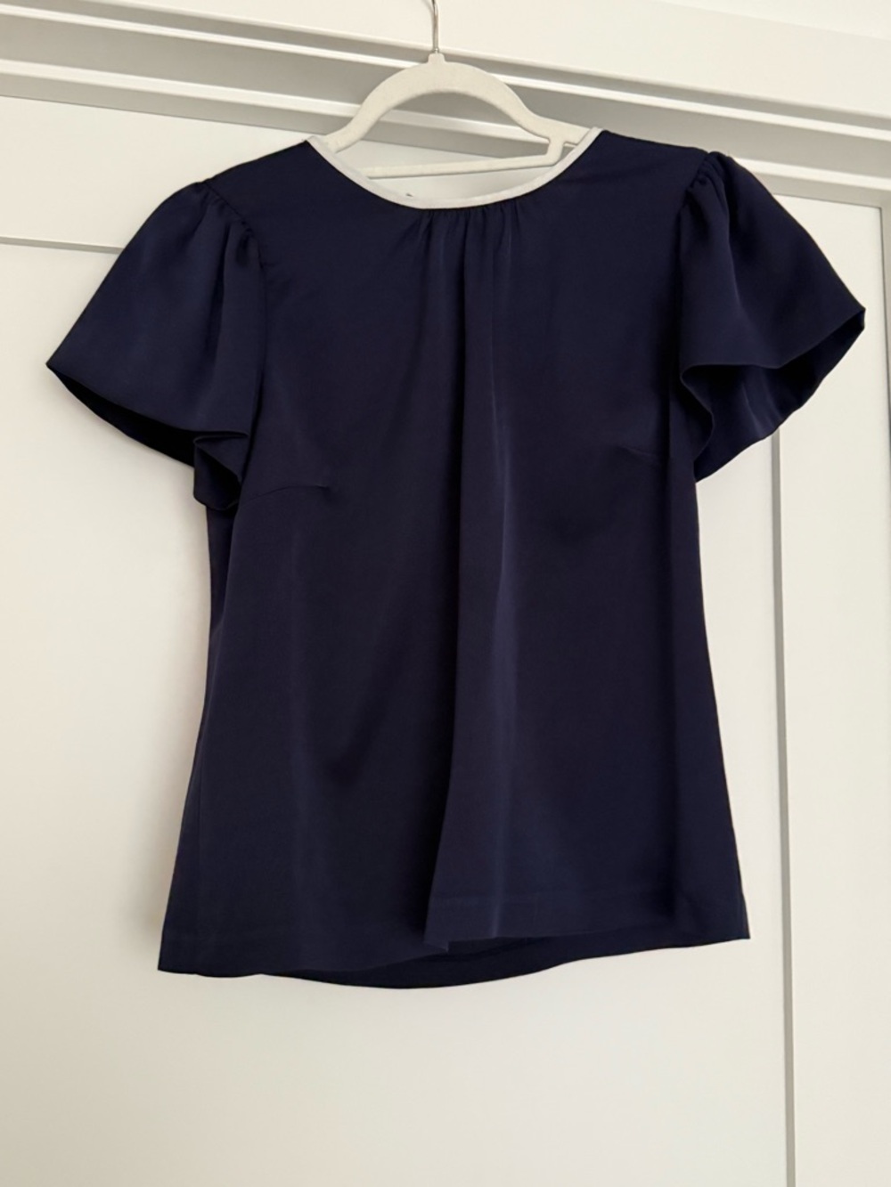 J. Crew Navy Flutter Sleeve Blouse with Contrast Neck Trim